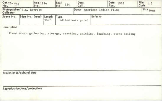 Documentation associated with Hearst Museum object titled 16mm motion picture film, accession number 26-209, described as Acorn processing.