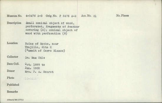 Documentation associated with Hearst Museum object titled Worked wood, accession number 4-2476a, described as Small conical object of wood, perforated, fragments of feather covering.