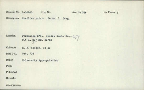 Documentation associated with Hearst Museum object titled Point fragment, accession number 1-50800, described as Obsidian.