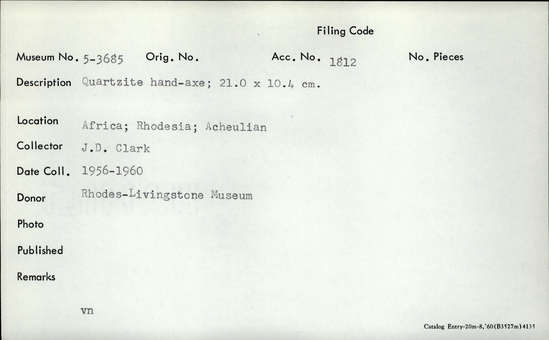 Documentation associated with Hearst Museum object titled Handaxe, accession number 5-3685, described as Quartzite hand-axe; 21.0 x 10.4 cm.