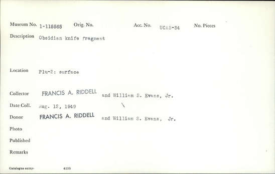 Documentation associated with Hearst Museum object titled Knife, accession number 1-115565, described as Obsidian, fragment