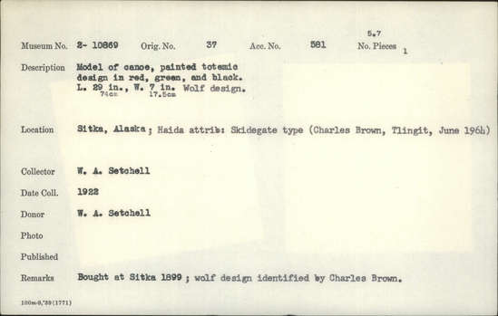 Documentation associated with Hearst Museum object titled Canoe model, accession number 2-10869, described as Model of canoe, painted totemic design in red, green, and black.  Wolf design (fide Charles Brown).