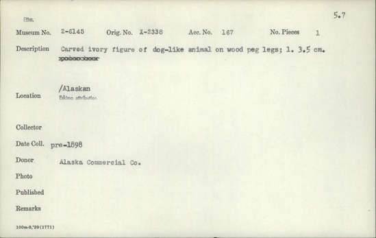 Documentation associated with Hearst Museum object titled Zoomorph, accession number 2-6145, described as Carved ivory figure of dog-like animal on wood peg legs.