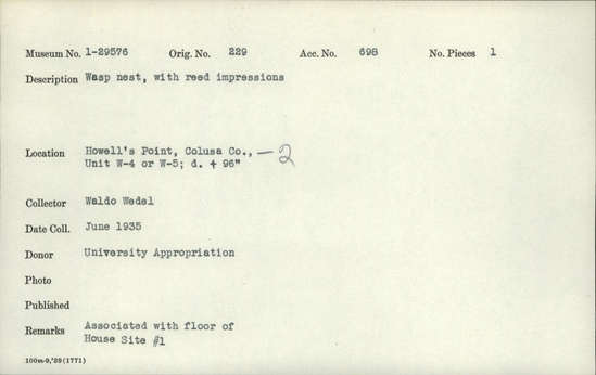 Documentation associated with Hearst Museum object titled Wasp nest, accession number 1-29576, described as With reed impressions.