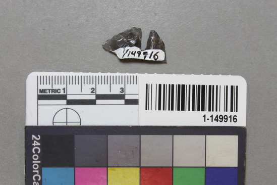 Hearst Museum object titled Projectile point fragment, accession number 1-149916, described as Obsidian. Expanding stem, corner notched, flat base. Fragment.