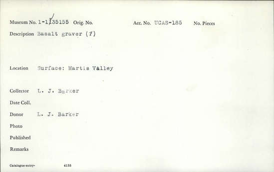 Documentation associated with Hearst Museum object titled Graver, accession number 1-135155, described as Basalt graver.