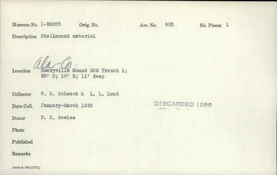Documentation associated with Hearst Museum object titled Soil sample, accession number 1-26255, described as shellmound material