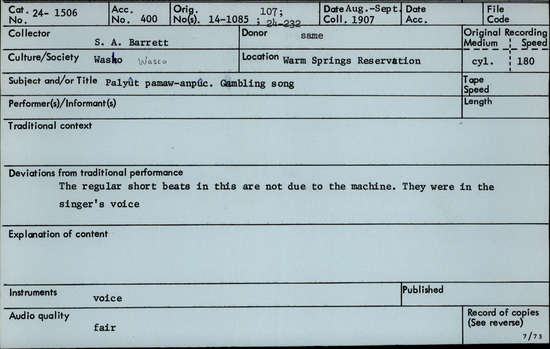 Documentation associated with Hearst Museum object titled Audio recording, accession number 24-1506, described as Gambling Song