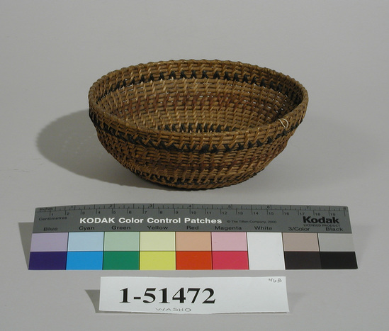 Hearst Museum object titled Basket, accession number 1-51472, described as Coiled, single rod. Sewing far apart. Black and red design.