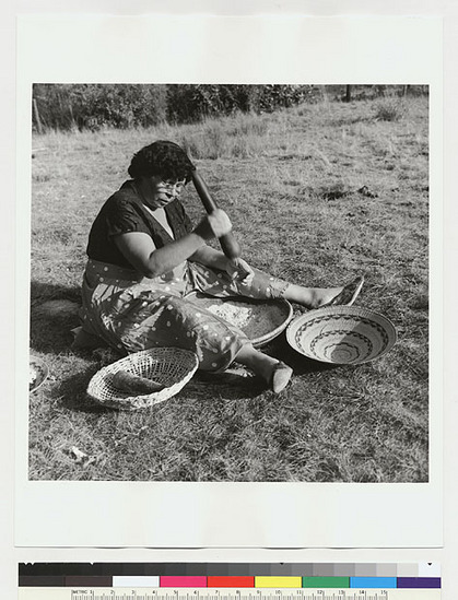 Hearst Museum object titled Black-and-white negative, accession number 15-19554, described as Essie Parrish preparing acorn meal