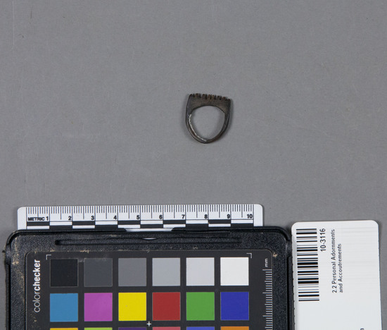 Hearst Museum object titled Ring, accession number 10-3116, described as Finger ring, sea turtle shell, serrated top surface; 2.6 centimeters in width