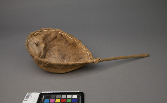 Hearst Museum object titled Basket with handle, accession number 10-1552, described as Coconut fiber strainer, bamboo strip handle, tied with thing bamboo (?) strip