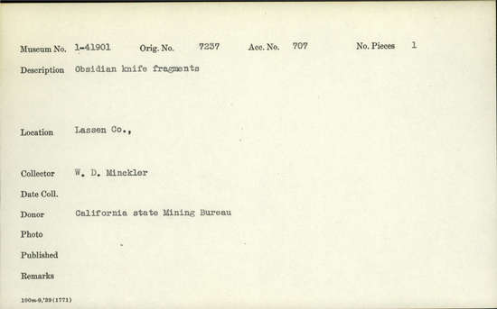 Documentation associated with Hearst Museum object titled Knife, accession number 1-41901, described as Obsidian arrow head