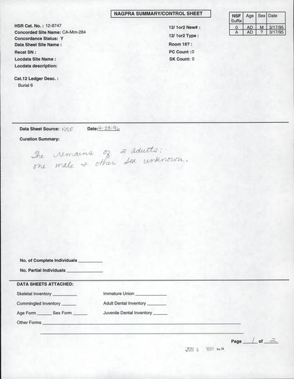 Documentation associated with Hearst Museum object titled Human remains, accession number 12-8747(0), described as Remains of one adult male.