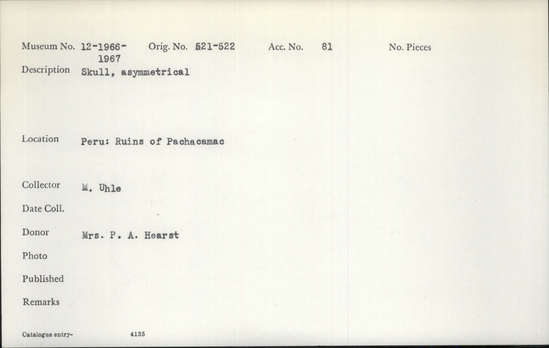 Documentation associated with Hearst Museum object titled Human remains, accession number 12-1966, described as Skull; asymmetrical