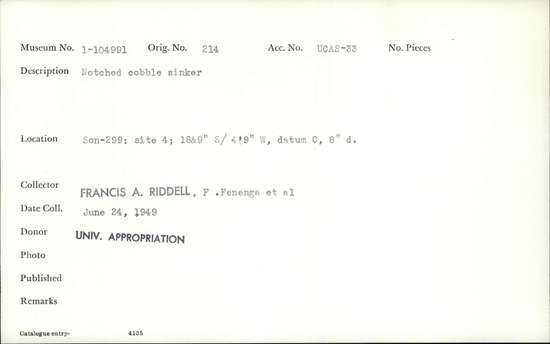 Documentation associated with Hearst Museum object titled Sinker (fishing), accession number 1-104991, described as Notched cobble.