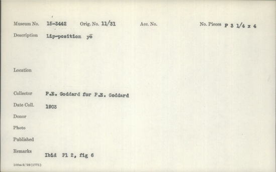 Documentation associated with Hearst Museum object titled Black-and-white negative, accession number 15-3442, described as Lip-position yo