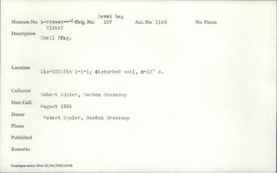 Documentation associated with Hearst Museum object titled Shell fragment, accession number 1-215442, described as Shell fragment