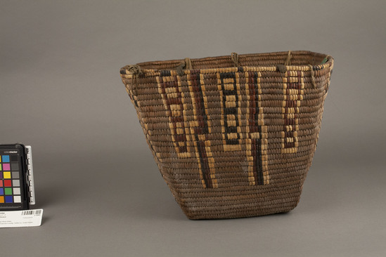 Hearst Museum object 2 of 3 titled Cooking basket, accession number 2-10866, described as Brown, square shaped, imbricated black, white, and reddish design.