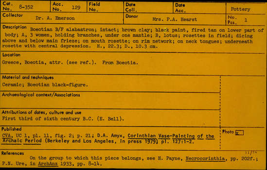 Documentation associated with Hearst Museum object titled Alabastron, accession number 8-352, described as Boeotian black-figure alabastron; intact; brown clay; black paint, fired tan on lower part of body; A) three women, holding branches, under one mantle; B) lotus; rosettes in field; dicing above and below main frieze; on mouth rosette; on rim network; on neck tongues; underneath rosette with central depression.