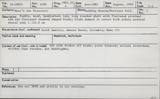 Documentation associated with Hearst Museum object titled Paddle, accession number 16-20031, no description available.