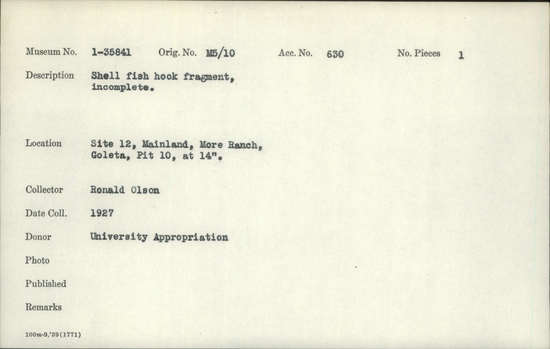 Documentation associated with Hearst Museum object titled Fish hook, accession number 1-35841, described as Shell fish hook fragment, incomplete.