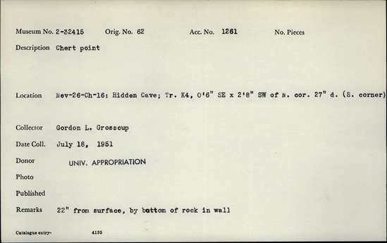 Documentation associated with Hearst Museum object titled Stone point, accession number 2-32415, described as Chert point