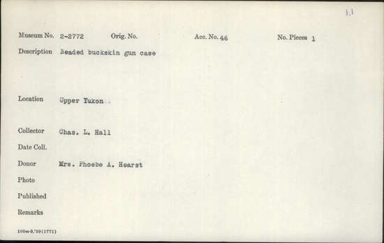 Documentation associated with Hearst Museum object titled Gun case, accession number 2-2772, described as Beaded buckskin.
