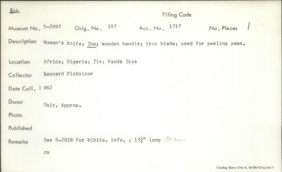 Documentation associated with Hearst Museum object titled Knife, accession number 5-2993, described as Woman's knife; Iho; wooden handle; iron blade; used for peeling yams.