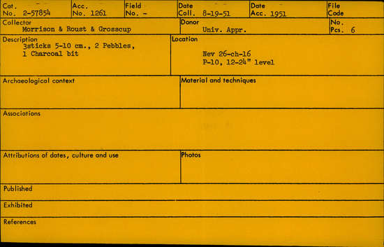 Documentation associated with Hearst Museum object titled Sticks and stones, accession number 2-57854, described as Three sticks 5 to 10 cm long.  Two pebbles.  One charcoal bit.