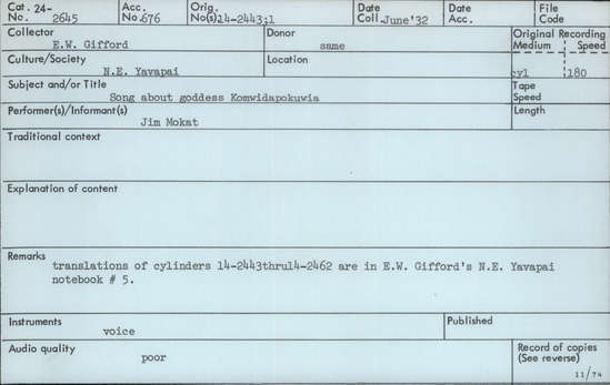 Documentation associated with Hearst Museum object titled Audio recording, accession number 24-2645, described as Song about goddess Komwidapokuwia