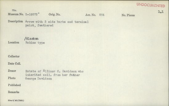 Documentation associated with Hearst Museum object titled Arrow, accession number 2-19373, described as Arrow with 3 side barbs and terminal point, feathered.