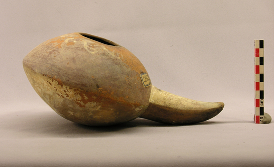 Hearst Museum object titled Bowl with handle, accession number 4-2847, described as Small ladle-like bowl with straight white handle, figure around opening