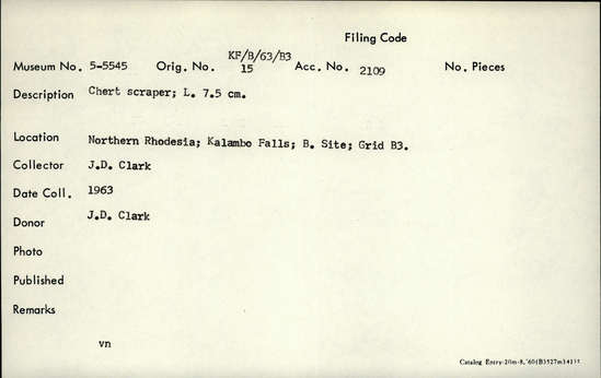 Documentation associated with Hearst Museum object titled Scraper, accession number 5-5545, described as Chert scraper; L. 7.5 cm