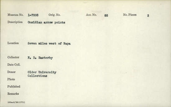 Documentation associated with Hearst Museum object titled Points, accession number 1-7003, described as obsidian arrow points