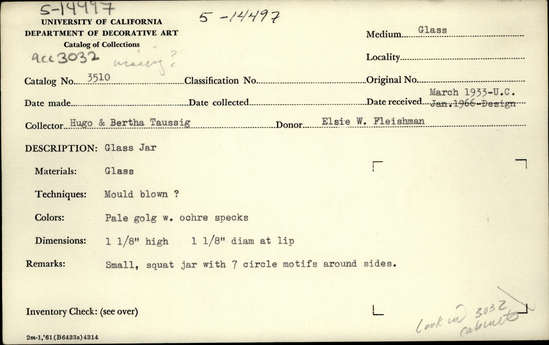 Documentation associated with Hearst Museum object titled Jar, accession number 5-14497, described as Glass jar, mold blown? Pale golg with ochre specks. 7 circle motifs around sides.