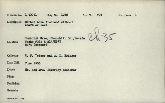 Documentation associated with Hearst Museum object titled Fishhook, accession number 1-43041, described as Barbed bone fishhook without shaft or cord.