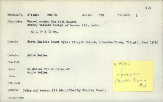 Documentation associated with Hearst Museum object titled Box, accession number 2-14262a,b, described as Carved, wooden, with hinged cover. Totemic design of beaver (?). Cedar. Design and wood type identified by Charles Brown.