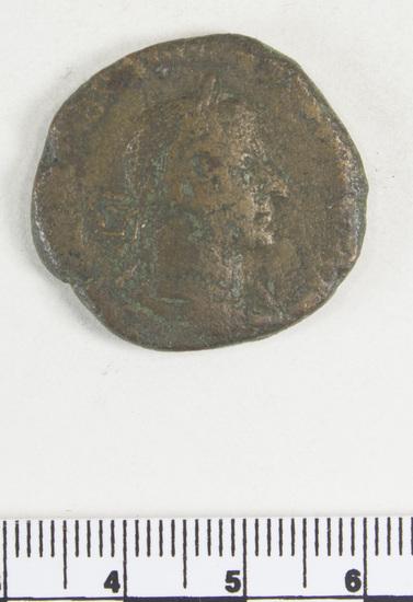 Hearst Museum object 4 of 8 titled Coin: æ sestertius, accession number 8-5912, described as Coin: Sestertius?; Æ; Tribonianus.Gallus - 14.55 grams. Rome, 251-253 AD. Obverse: [IMP CAES C VIBIVS TREBONIANVS GALLVS AVG] - Bust laureate, draped, facing right. Reverse: CONCORD[IA AVGG], SC - Concordia standing facing left holding patera in outstretched right hand, double cornucopiae in left.