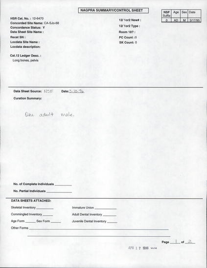 Documentation associated with Hearst Museum object titled Human remains and samples, accession number 12-6470, described as The remains of an adult male. Includes a long bone sample, and vial of pulverized bone.