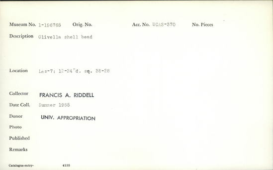 Documentation associated with Hearst Museum object titled Bead, accession number 1-196765, described as Olivella shell.