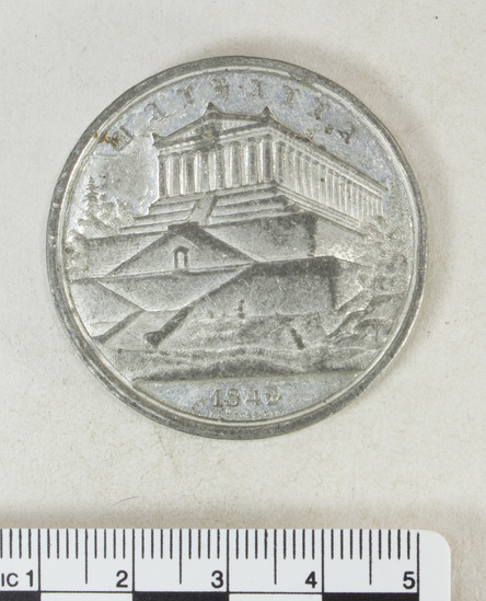 Hearst Museum object 3 of 4 titled Coin: billon 2 taler, accession number 7-6201, described as Bavaria coin (German States), billon, two talers, obverse inscribed "WALHALLA" building on terrace, below "1842", reverse legend in German schrifft within wreath (to commemorate completion of a copy of the Parthenon), date 1842.