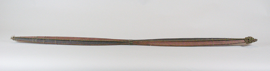 Hearst Museum object titled Bow, accession number 2-13613, described as Wood, single twisted sinew cable from end to end. Sinew bow string, twisted with red and blue yarn. tied at either side of center grip and near ends with sinew.