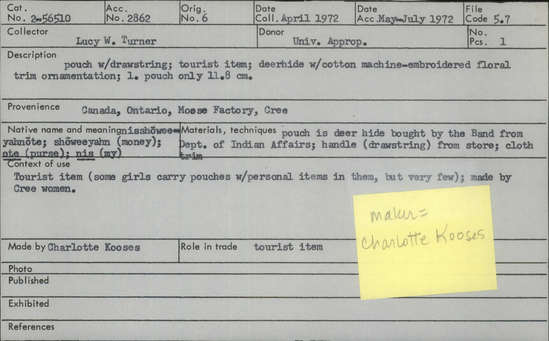Documentation associated with Hearst Museum object titled Deer hide pouch, accession number 2-56510, described as Pouch with drawstring; tourist item; deer hide with cotton machine-embroidered floral trim ornamentation; length pouch only 11.8 cm. Tourist item (some girls carry pouches with personal items in them, but very few); made by Cree women.
