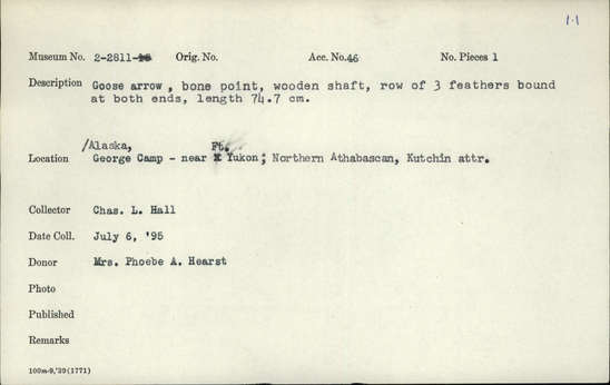 Documentation associated with Hearst Museum object titled Arrow, accession number 2-2811, described as Goose arrow, bone point, wooden shaft, row of 3 feathers bound at both ends.