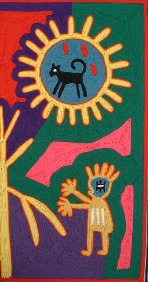 Hearst Museum object 3 of 3 titled Yarn painting, accession number 3-28636, described as Yarn painting; sun upper left; upper right is circle with radiating globes and black cat-like figure within; standing anthropomorphic figure lower right; varicolored; 61.6 X 60.5 cm