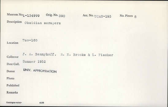 Documentation associated with Hearst Museum object titled Scrapers, accession number 1-134999, described as Obsidian scrapers