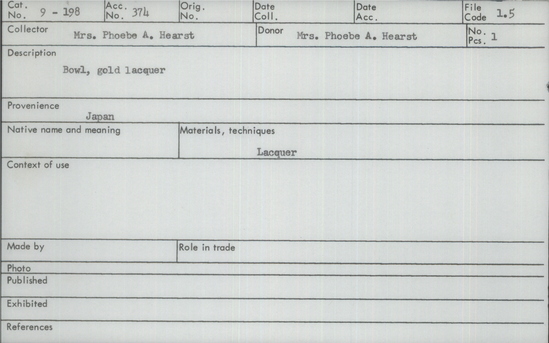 Documentation associated with Hearst Museum object titled Bowl, accession number 9-198, described as Bowl, Gold Lacquer