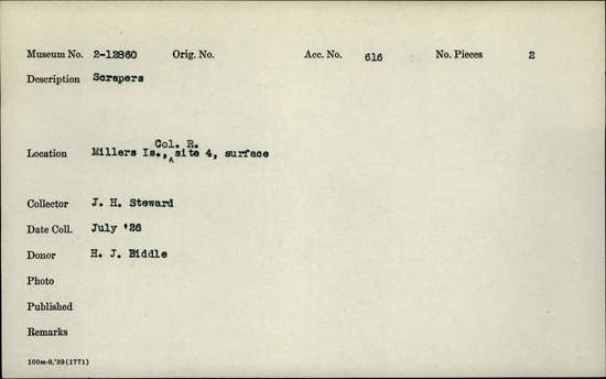 Documentation associated with Hearst Museum object titled Scrapers, accession number 2-12860, described as Scrapers