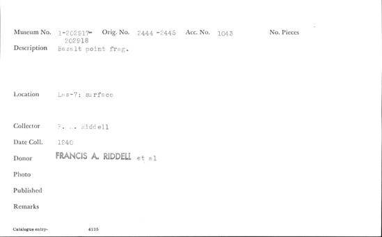 Documentation associated with Hearst Museum object titled Point fragment, accession number 1-202917, described as Basalt.